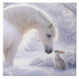 Beautiful White Horse and Rabbit in the Snow Ceramic Tile