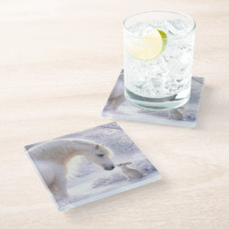 Beautiful White Horse and Rabbit in the Snow Glass Coaster