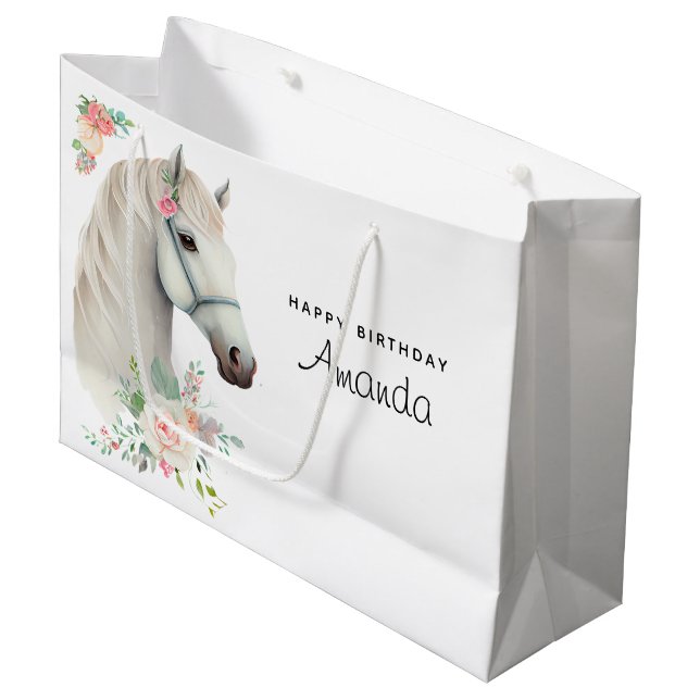 Beautiful White Horse Boho Floral Birthday Large Gift Bag (Front Angled)
