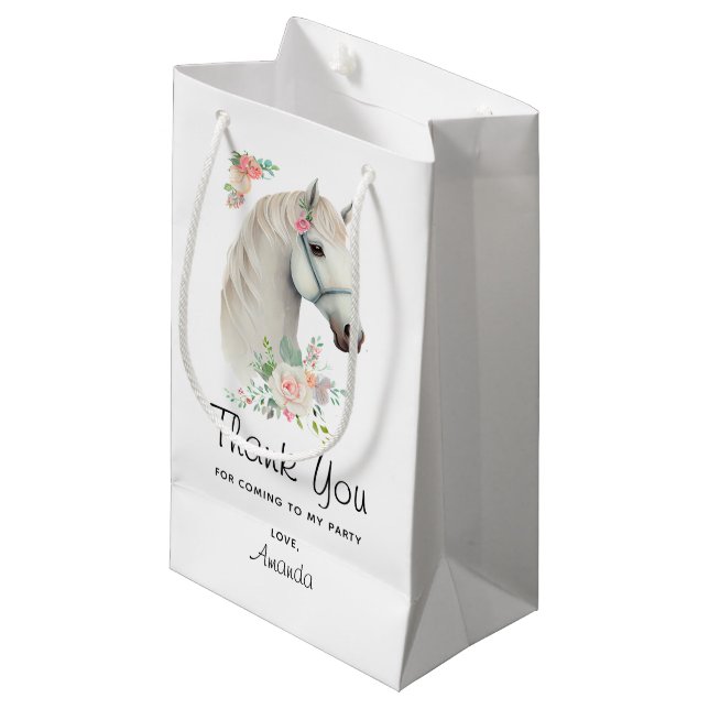Beautiful White Horse Boho Floral Thank You Small Gift Bag (Front Angled)