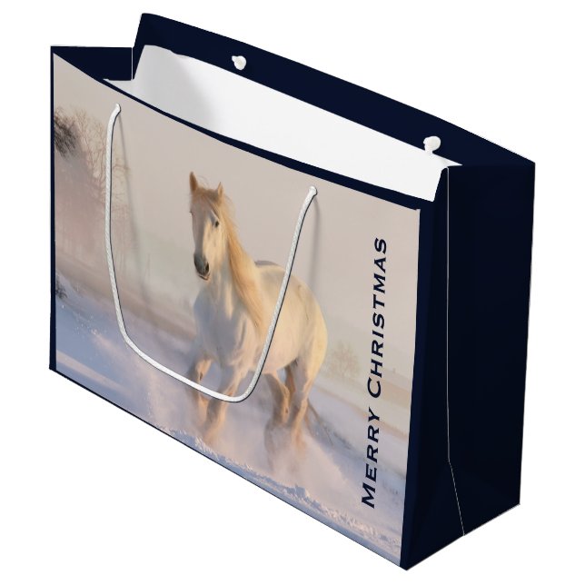 Beautiful White Horse Galloping in Snow Christmas Large Gift Bag (Front Angled)