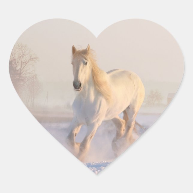 Beautiful White Horse Galloping in the Snow Heart Sticker (Front)