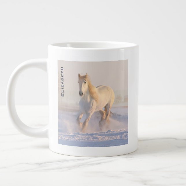 Beautiful White Horse Galloping in the Snow Large Coffee Mug (Left)