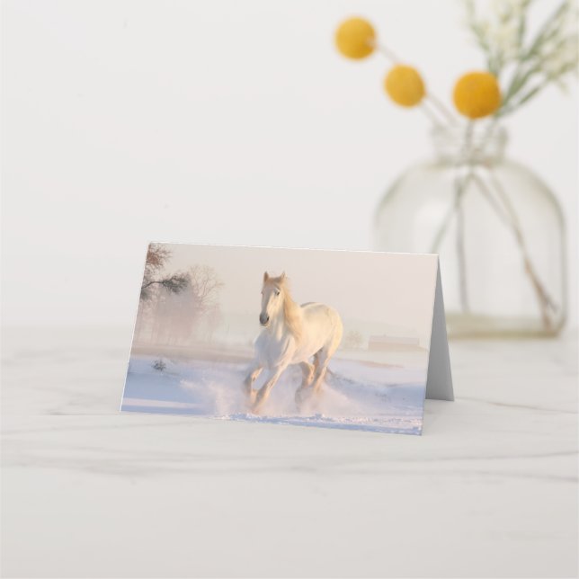 Beautiful White Horse Galloping in the Snow Place Card (Front)