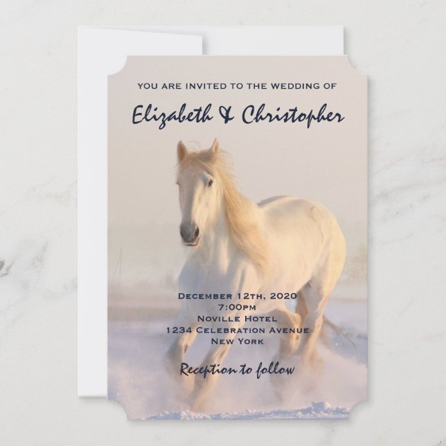 Beautiful White Horse Galloping in the Snow Rustic Invitation (Front)