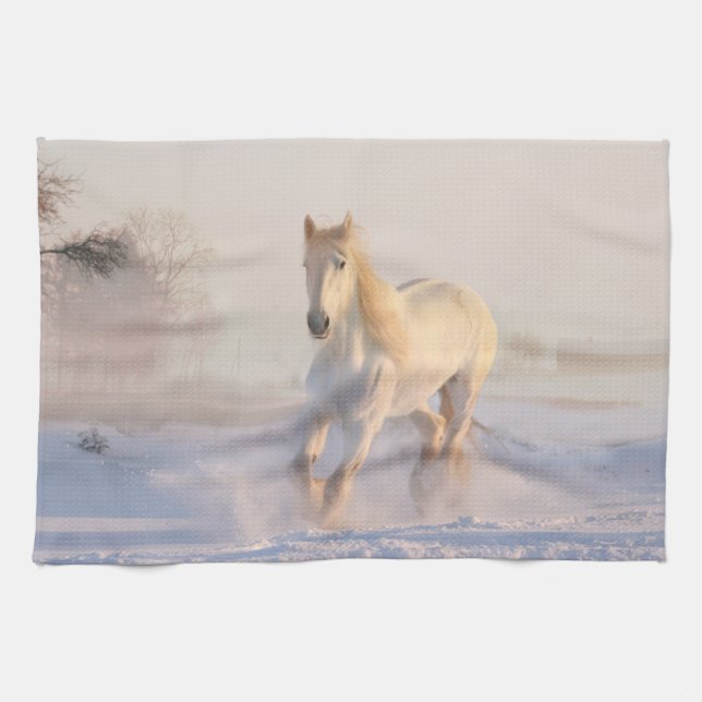 Beautiful White Horse Galloping in the Snow Tea Towel (Horizontal)
