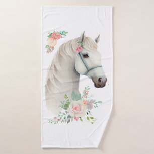 Beautiful White Horse Head Boho Floral Bath Towel Set