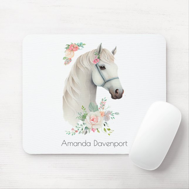 Beautiful White Horse Head Boho Floral Mouse Pad (With Mouse)