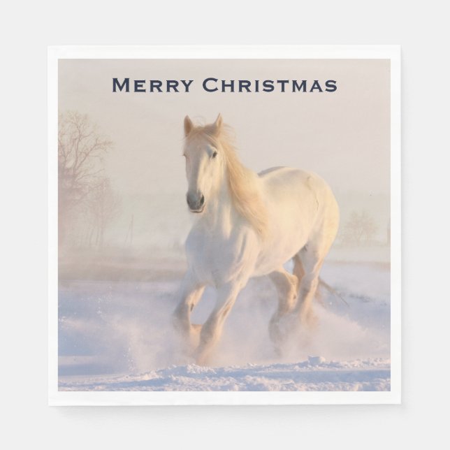 Beautiful White Horse  in the Snow Christmas Napkin (Front)