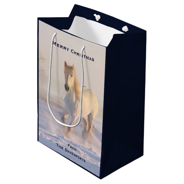Beautiful White Horse in the Snow Photo Christmas Medium Gift Bag (Front Angled)