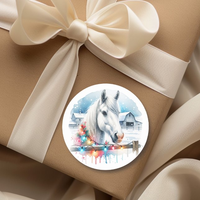 Beautiful White Horse on Farm Christmas Classic Round Sticker (Creator Uploaded)