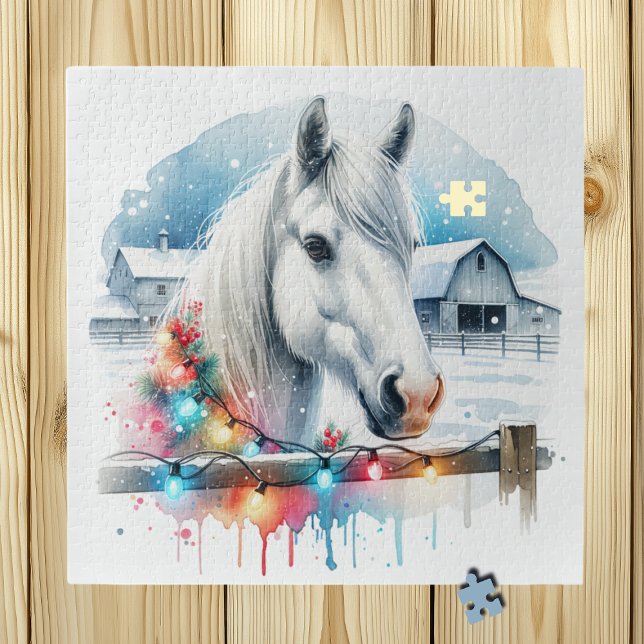 Beautiful White Horse on Farm Christmas Jigsaw Puzzle (Creator Uploaded)