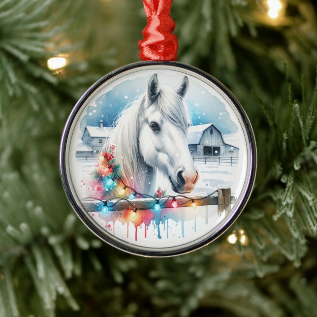 Beautiful White Horse on Farm Christmas Metal Ornament (Tree)