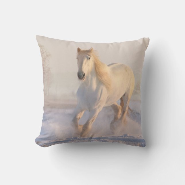 Beautiful White Horse Running in the Snow Cushion (Front)