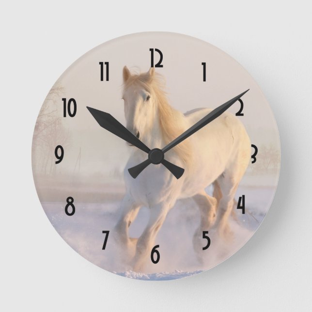 Beautiful White Horse Running in the Snow Round Clock (Front)