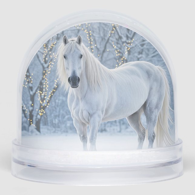 Beautiful White Horse Snow Christmas Holiday Snowglobe (Front)