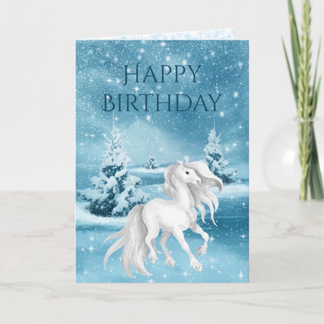 Beautiful White Horse Snowy Winter Night Birthday Card (Front)
