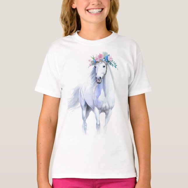 Beautiful White Horse T-Shirt for Girls (Front)