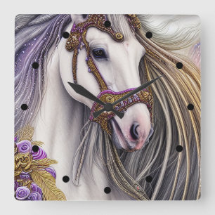 Beautiful White Horse with Purple and Gold Accents Square Wall Clock