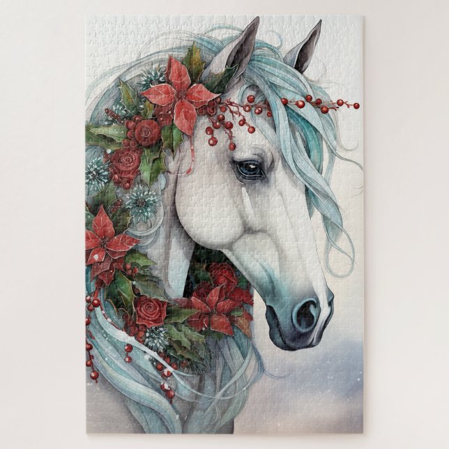 Beautiful White Horse with Red Flowers Christmas Jigsaw Puzzle (Vertical)