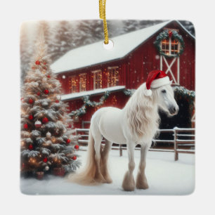 Beautiful White Horses, Christmas Tree and Barn Ceramic Ornament