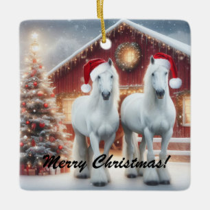 Beautiful White Horses wearing a santa hats Ceramic Ornament