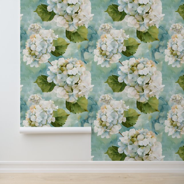 Beautiful white hydrangea on blue wallpaper (Application)