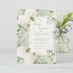 Beautiful White Hydrangeas Sage Green Vintage Baby Invitation