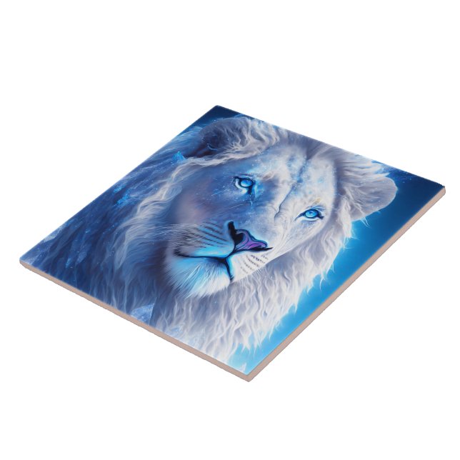 Beautiful White Mystical Lion with Blue Eyes   Ceramic Tile (Side)