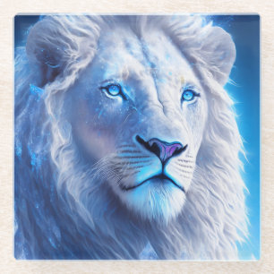 Beautiful White Mystical Lion with Blue Eyes Glass Coaster