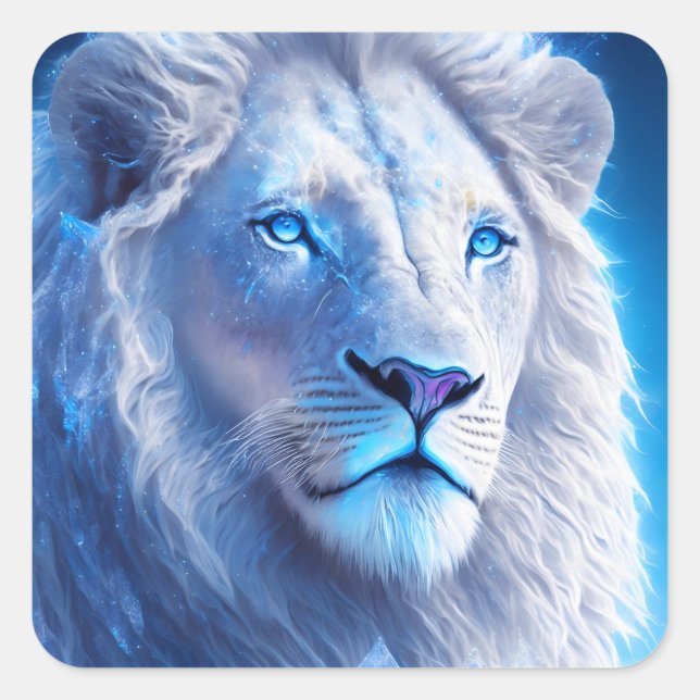Beautiful White Mystical Lion with Blue Eyes   Square Sticker (Front)