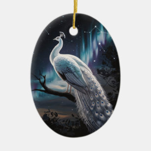 Beautiful White Peacock Aurora Borealis Scenic Ceramic Ornament