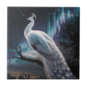 Beautiful White Peacock Aurora Borealis Scenic Ceramic Tile
