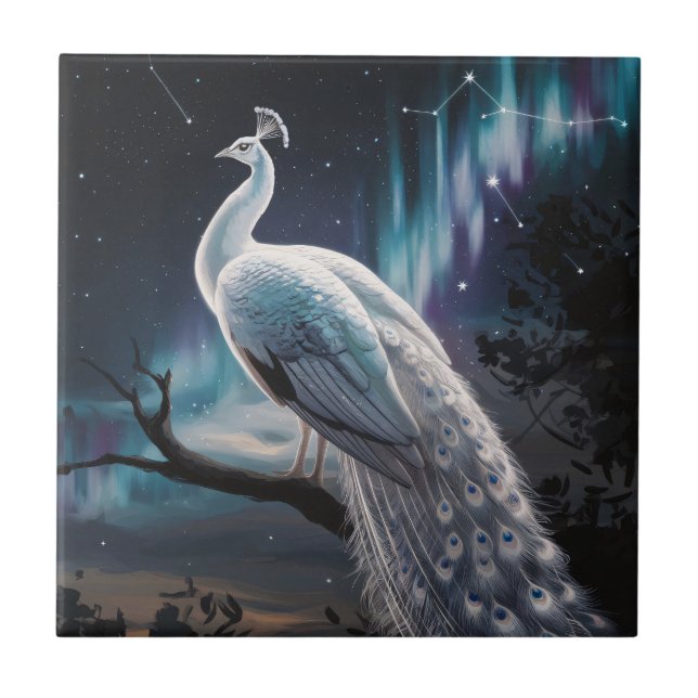 Beautiful White Peacock Aurora Borealis Scenic Ceramic Tile (Front)
