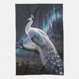 Beautiful White Peacock Aurora Borealis Scenic Tea Towel