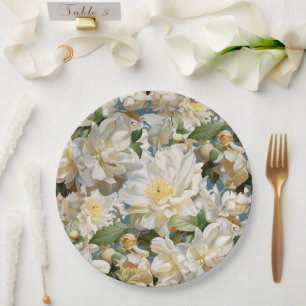 Beautiful white peony and magnolia pattern paper plate