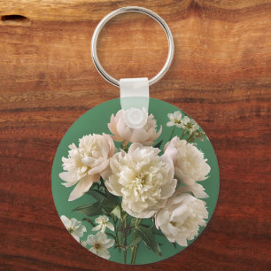 Beautiful White & Pink Peonies On Green Background Key Ring