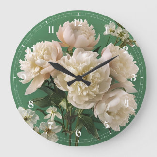 Beautiful White & Pink Peonies On Green Background Large Clock