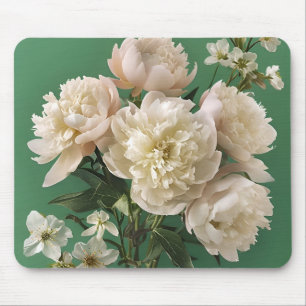 Beautiful White & Pink Peonies On Green Background Mouse Pad