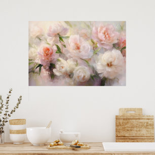 Beautiful White & Pink Peonies Watercolor Painting Poster