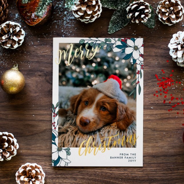 Beautiful White Red Florals Photo Merry Christmas Foil Holiday Card (Creator Uploaded)