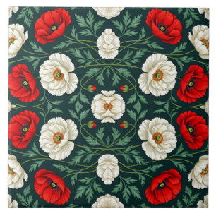 Beautiful White & Red Poppy Flowers Floral Pattern Ceramic Tile
