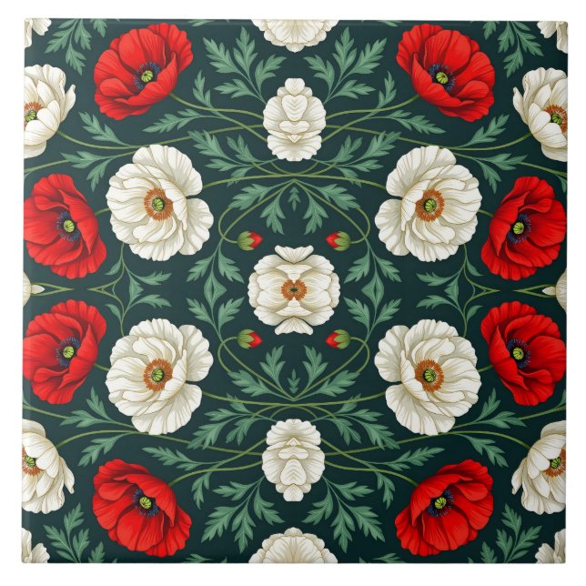 Beautiful White & Red Poppy Flowers Floral Pattern Ceramic Tile (Front)
