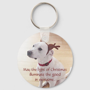 Beautiful White Reindeer Puppy Dog Christmas Light Key Ring