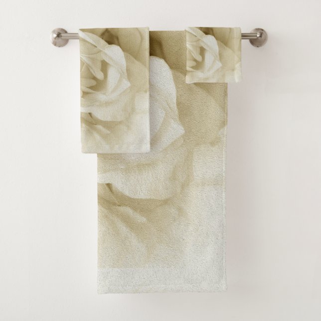 Beautiful white rose art bath towel set (Insitu)
