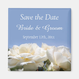 beautiful white rose flowers save the date wedding magnet