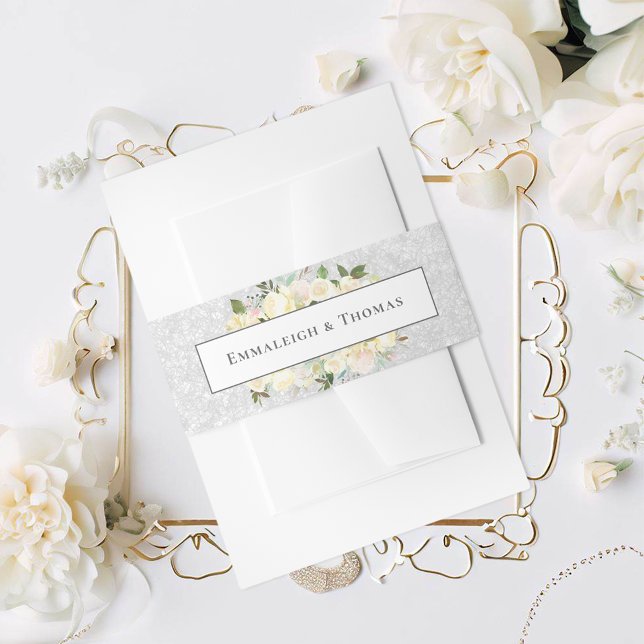 Beautiful White Roses Floral Wedding Invitation Belly Band (Creator Uploaded)