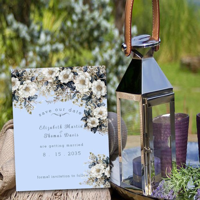 Beautiful White Roses Vines Blue Leaves Save The Date (Creator Uploaded)