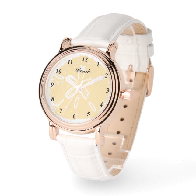 Beautiful white sand dollar shell custom women's watch (Angle)