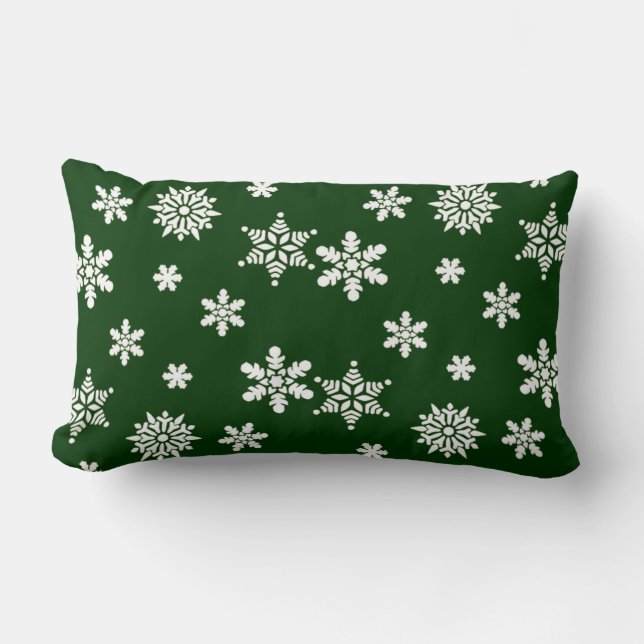 Beautiful White snowflakes on a green background Lumbar Cushion (Front)